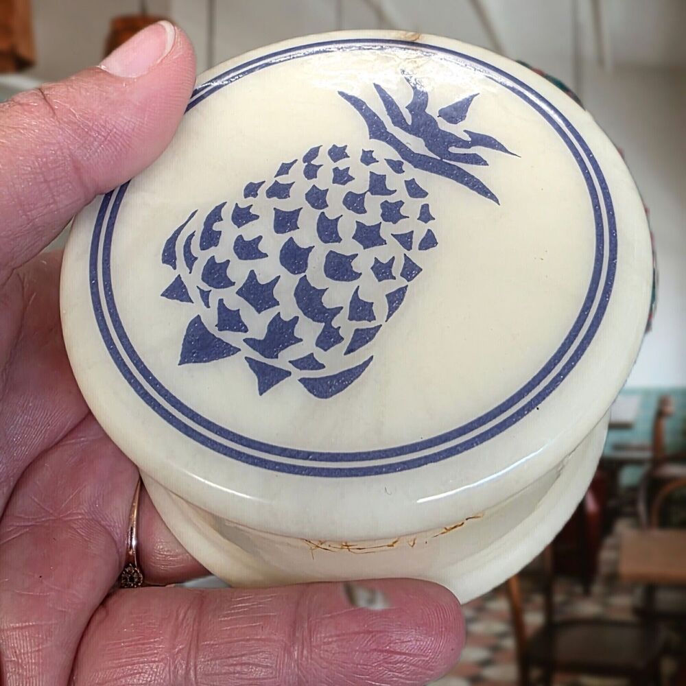 Pineapple Trinket Box Hand Carved Coastal Grandma Alabaster Hinged  Blue 3.5"